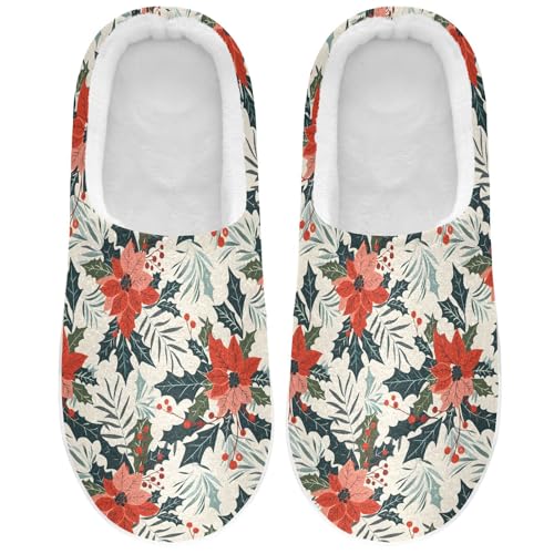 Fuzzy Memory Foam Slippers for Women/Men Retro Christmas Poinsettia Pattern Fluffy Winter House Shoes Indoor and Outdoor2