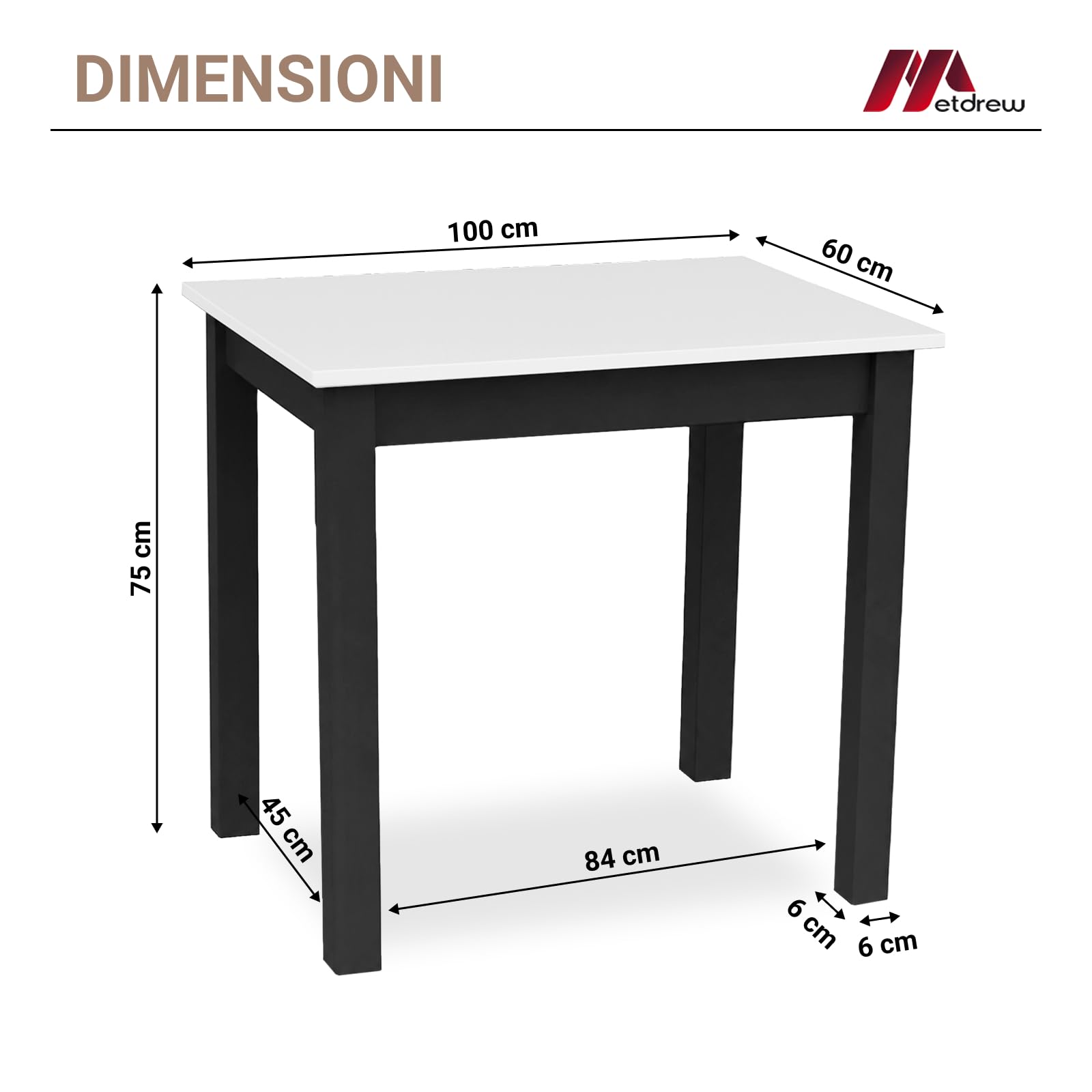 Tavolo da Pranzo in Legno 100x60 cm per 2 Persone - Tavolo Cucina Piccolo Stile Scandinavo - Pino - Piano