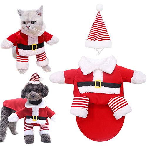 GiantGo Disfraz de Navidad para perros y gatos con sombrero de Papá Noel, ropa para mascotas, traje de Navidad con capucha para perros y gatos para cosplay de Papá Noel