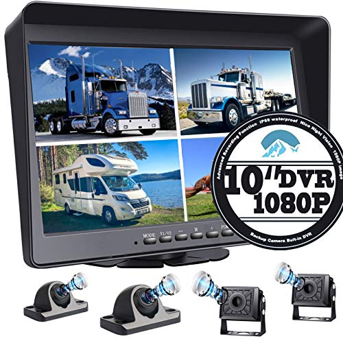 Super Large 10.1  Monitor Backup Camera Built-in DVR for RV Truck Trailer Rear Side Front Backing View Wired System 1080P HD Image 4 Split Screen 64GB IP69 Waterproof Avoid Blind Spot A10