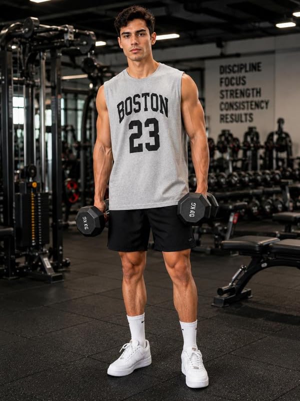 Image of O3e Boston 23 Men Sleeveless Gym Vest Tank Top | Cotton Blend Sports T-Shirt for Workout Running Training, Gym & Casual | Breathable Regular Fit Athletic Muscle Tee