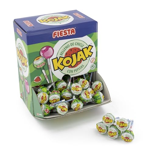 FIESTA Kojak - Sabor Sandía - Con Pepitas de Azúcar - Caramelo con palo relleno de chicle - Caja de 100 unidades