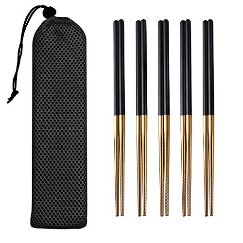 Black and Gold Chopsticks Reusable Dishwasher Safe 8 14 Inches Lightweight Square Handle 5 Pairs Metal Chopsticks Set with Bag Premium Stainless Steel Chop Sticks for Eating