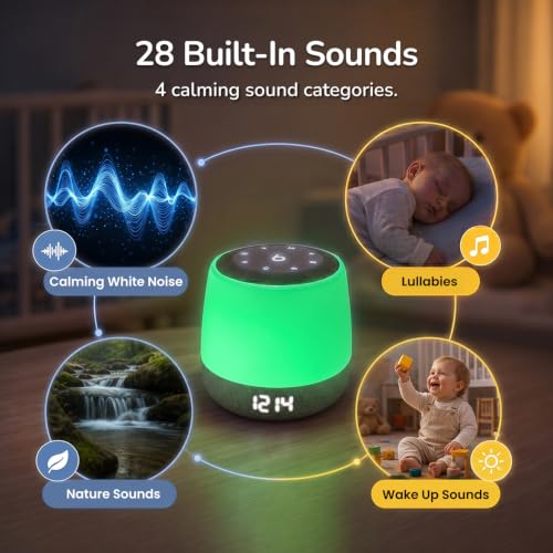 Image of Babysense Baby Sound Machine with Night Light for Sleeping - Smart Portable Nursery White Noise Machine for Babies & Kids, Free App, No Subscription, 28 Sounds, Ok-to-Wake Alarm Clock, Sleep Timer