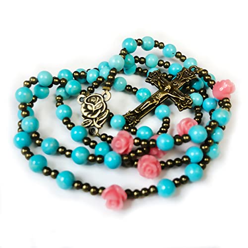 Our Lady of Lourdes Turquoise Stone and Pink Rose Rosary - Catholic Rosary - Rosarios Catolicos - Catholic Gifts Women - Regalos Catolicos Para Mujer