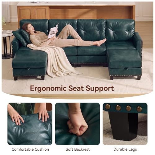 Image of 34.3 inch Faux Leather Modular Sectional Single Couch, Vintage PU Leather Accent Sofa Chairs with Nailhead Trim for Sofas, Mid Century Modern Tufted Chair for Living Room, Bedroom, Office, Forest Green