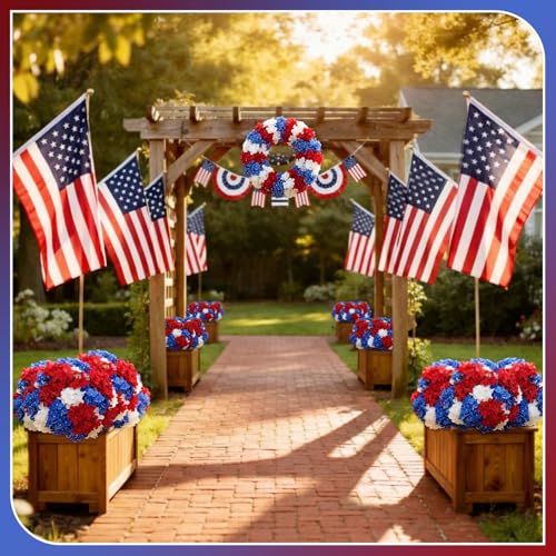 Image of Suncalla 12 Bundles Red White and Blue Artificial Flowers for Outdoors Bulk 20'' Patriotic Flower Decor Faux Cemetery Flowers Garden Veterans Day Decor (Blue Red and White)