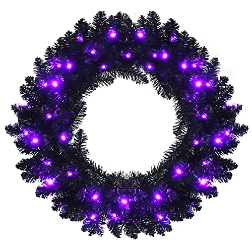 Goplus 24” Black Christmas Wreath, Pre-lit Artificial Halloween...