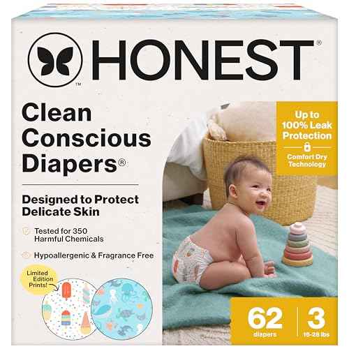 Image of The Honest Company Clean Conscious Diapers for Delicate Skin | Up to 100% Leakproof | Hypoallergenic, Fragrance Free | Summer '25 Limited Edition Prints | Club Box, Size 3 (16-28 lbs), 62 Count