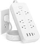 Flat Plug Exetnsion Cord, Power Bars with Surge Protector, Power Strip with 4 USB Ports(1 USB C), Wall Mount for Home Office College Dorm Room Essentials