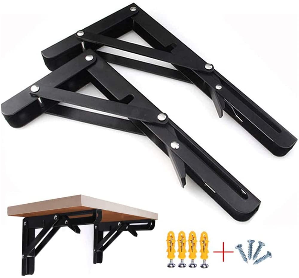 BERTY·PUYI Staffe Per Mensole Pieghevoli In Vernice Nera Da 2 Pezzi, Staffa In Metallo Resistente Per Staffa Fai-da-te Salvaspazio Montata A Parete Da Tavolo Da Banco, Con Viti-35cm
