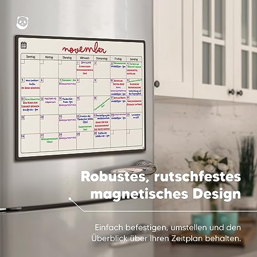 Smart Panda Monatsplaner Magnetisch Kühlschrank - Abwischbarer Kalender & Magnetisches Whiteboard für die Küche, Monatliche Familienplanung, Fleckfrei Radierbar (A3, Deutsch)
