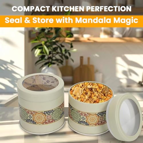 Image of Mandala Collection Airtight Kitchen Container Set| 450ML- Set of 2| Food Grade Metal Jars for Masala, Seeds, Cookies & Dry Storage| Vacuum Lid, Rust Resistant| Beige Rangoli Canisters