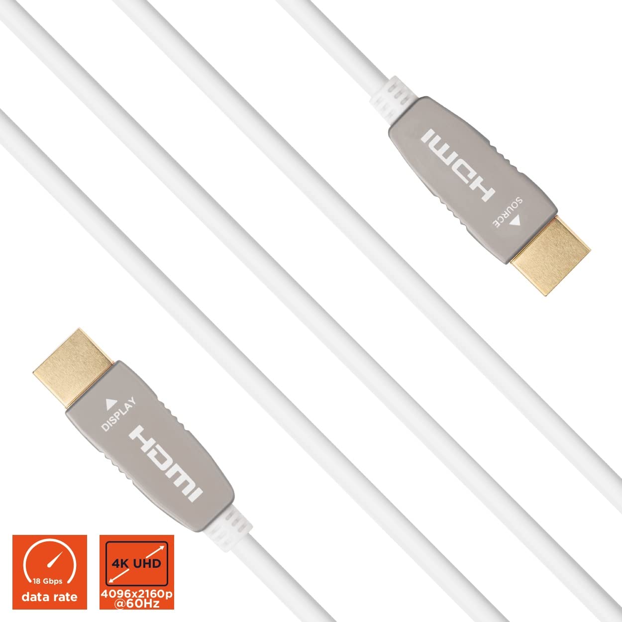 celexon UHD Optical Fibre HDMI 2.0b Cable Activo - 15m - Blanco - 3D - HDR - HLG - hasta 32 Canales de Audio - Incl. Canal de Retorno de Audio