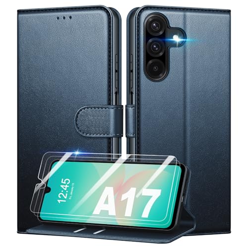 Mofurd Funda para Samsung Galaxy A17 4G/ 5G + 2 * Protector de Pantalla de Vidrio Templado, [Bloqueo RFID] Funda con Tapa de Cuero PU Premium Protector [Ranuras para Tarjetas] [Soporte], Azul