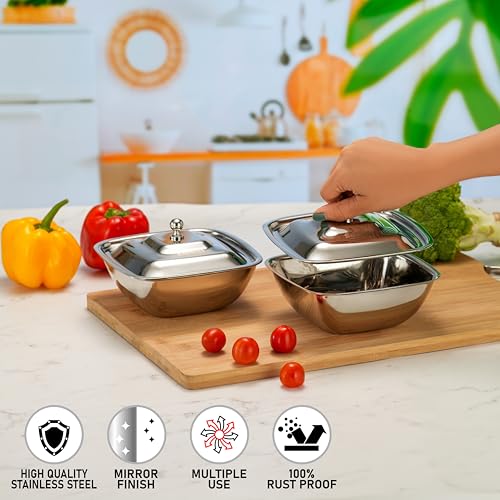 Image of Sumeet Stainless Steel Square Serving Bowl /Curry Bowl /Gravy Pot with lid, 600ml capacity, 14.5cm Dia, Set of 2 Pcs, Silver