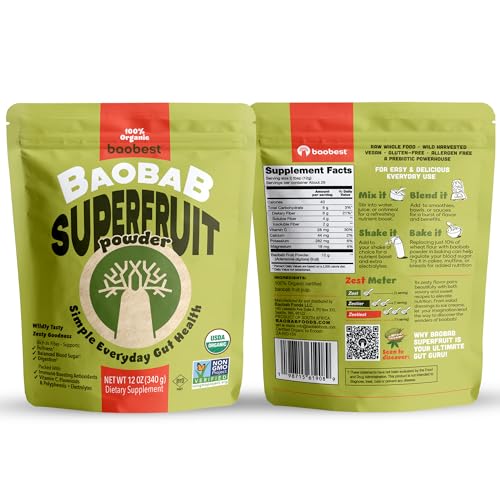 Baobest Organic Baobab Fruit Powder Raw Superfood with Vitamin C and Prebiotic Fiber for Immune Support and Gut Health Gluten-Free GLP-1 Support - 12 Ounce Bag