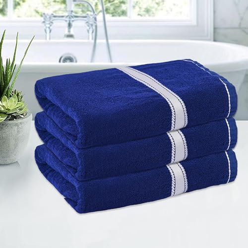 Image of Kuber Industries Pack of 3 Bath Towels for Men - Highly Absorbent 144 GSM Cotton Bathroom Towel With Silver Patti - 30x60 Inch Blue - for Bath, Gym, Travel