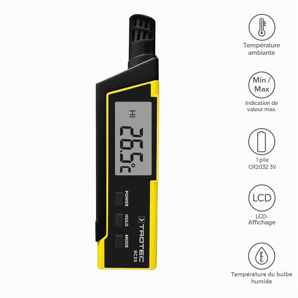 TROTEC BC25 – Hygromètre portable avec point de rosée, humidité | Température, indice de chaleur HI et WBGT – Prévention coup de chaleur