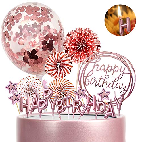 Morofme Rose Gold Cake Topper Cake Decoration with Happy Birthday Candles Acrylic Birthday Cake Topper Confetti Balloon Paper Fan Pink Star Cake Cupcake Topper for Rose Gold Theme Birthday Party Decor