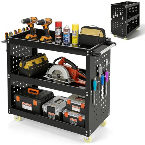 3-Tier Heavy Duty Tool Trolley on Wheels 80kg Capacity Carbon Steel Rolling Cart with Lockable Wheels & Rust-Resistant Finish Multi-Purpose Storage Organizer for Garage Workshop Home Office