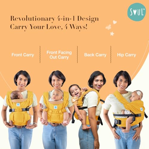 Image of SOULSLINGS 4-in-1 Lali Baby Carrier Bag - Mustard - Cotton | Compact & Lightweight (400g) | Adjustable for 0-24 Months (4-15kg) | Machine Washable & Handwashable | Breastfeeding Friendly