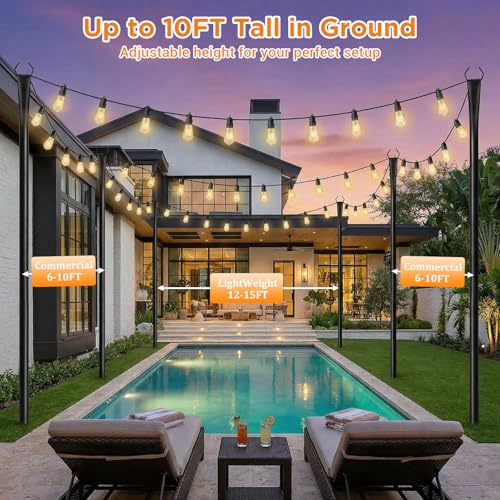 10FT String Light Poles, Heavy Duty Outdoor Light Pole Stand, 5-Prong Reinforced Steel Base, Anti-Rust, for Patio Garden Deck, Support Bistro & Edison Bulb Lights (4 Pack) - image 8
