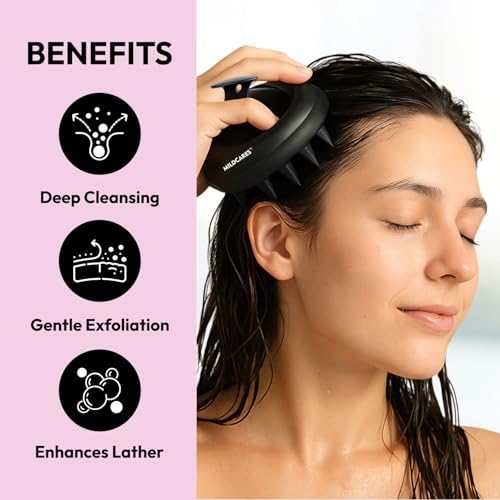 Image of MildCares Scalp Massager Brush - Silicone Scalp Exfoliator & Anti‑Dandruff Scrubber | Head Massager for Hair Growth, Shampoo Applicator & Oil Massage | Waterproof, Non‑Slip Grip | For Men & Women (Black, Pack of 1)