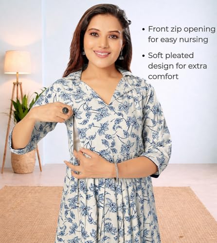 Image of Momenta Women's Pure Cotton Maternity Kurta Set | Feeding Kurti with Concealed Zippers | Maternity Dress for Pre & Post Pregnancy