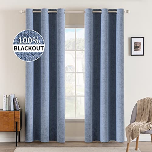 Image of MIULEE Linen Blackout Curtains and Drapes 100% Room Darkening Thermal Insulated Grommet Window Panels with Coating 2 PCs W 42 x L 84 inches Stone Blue