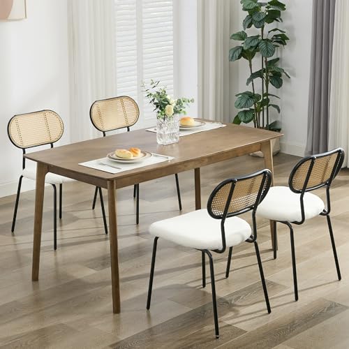 TYBOATLE Dining Chairs Set of 4 Rattan Kitchen Chairs White Boucle Boho Dining Room Mid Century Modern Woven Upholstered with Metal Leg Cane Chairs (4, White)