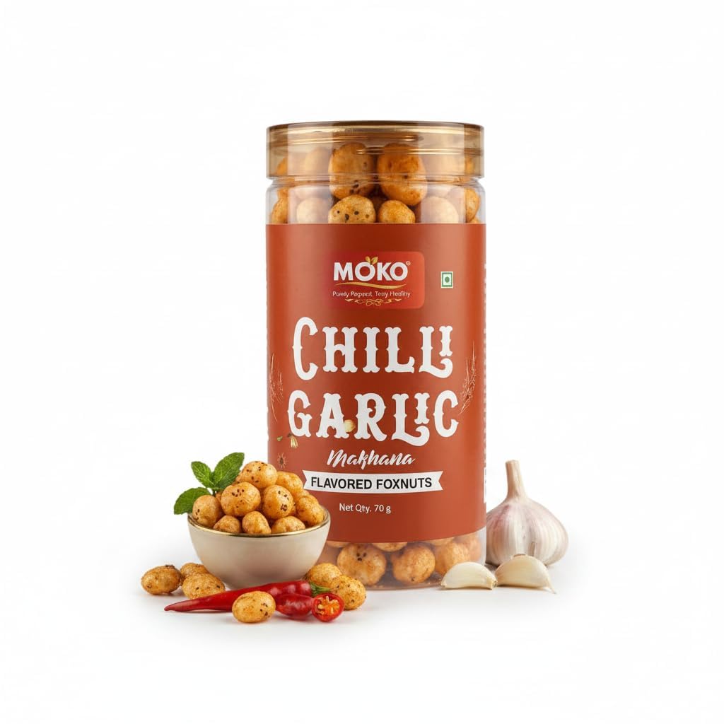 MOKO Chilli Garlic Makhana β Roasted Foxnuts Snack, Gluten-Free & High Protein, Healthy Lotus Seeds, Light & Crunchy Evening Snack, 70g