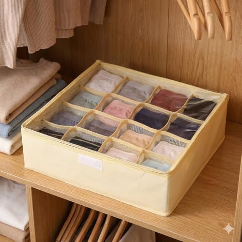 Image of House of Quirk 16 Slot Foldable Underwear Closet, Dresser, Drawer, Organizer, Fabric Basket, Clothes, Socks, Underwear, Clothing, Divider (Beige)