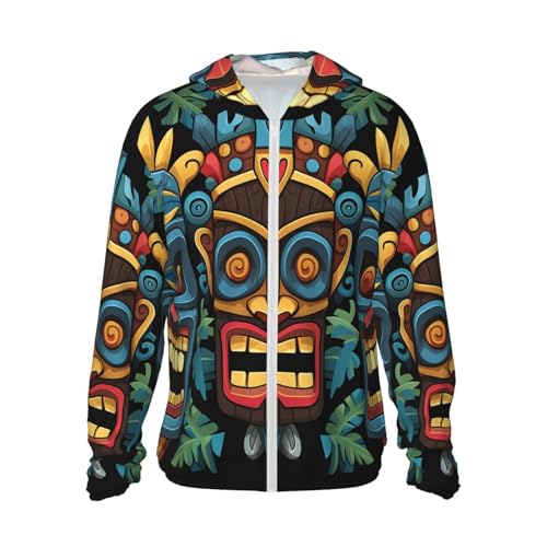 UPF 50+ Sun Protection Hoodie Long Sleeve Colorful Tiki mask Pattern Sun Shirt Rash Guard Fishing Shirts for Men