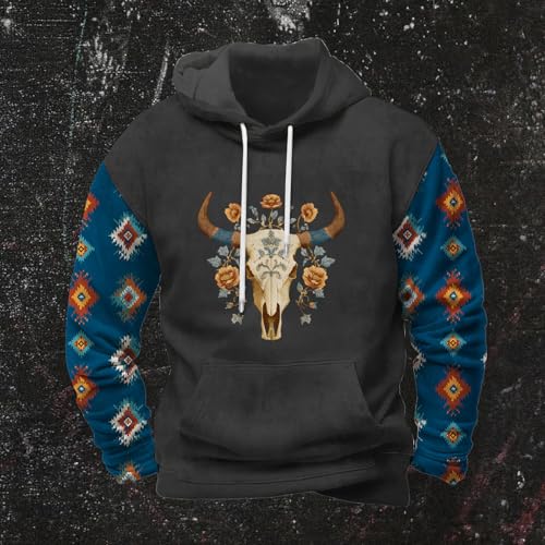 Mens Ethnic Hoodie Western Aztec Tribal Cowboy Vintage Casual Drawstring Outdoor Pullover Sweatshirts With Pocket4
