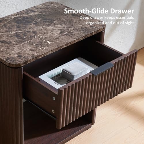 Image of Fluted Nightstand Set of 2, 23 inch W Night Stand with Drawer, Wood Bed Side Table with Faux Marble-Top, Curved Corner, Metal Handle, Modern Bedside Table for Bedroom, Living Room, Office, Dark Oak