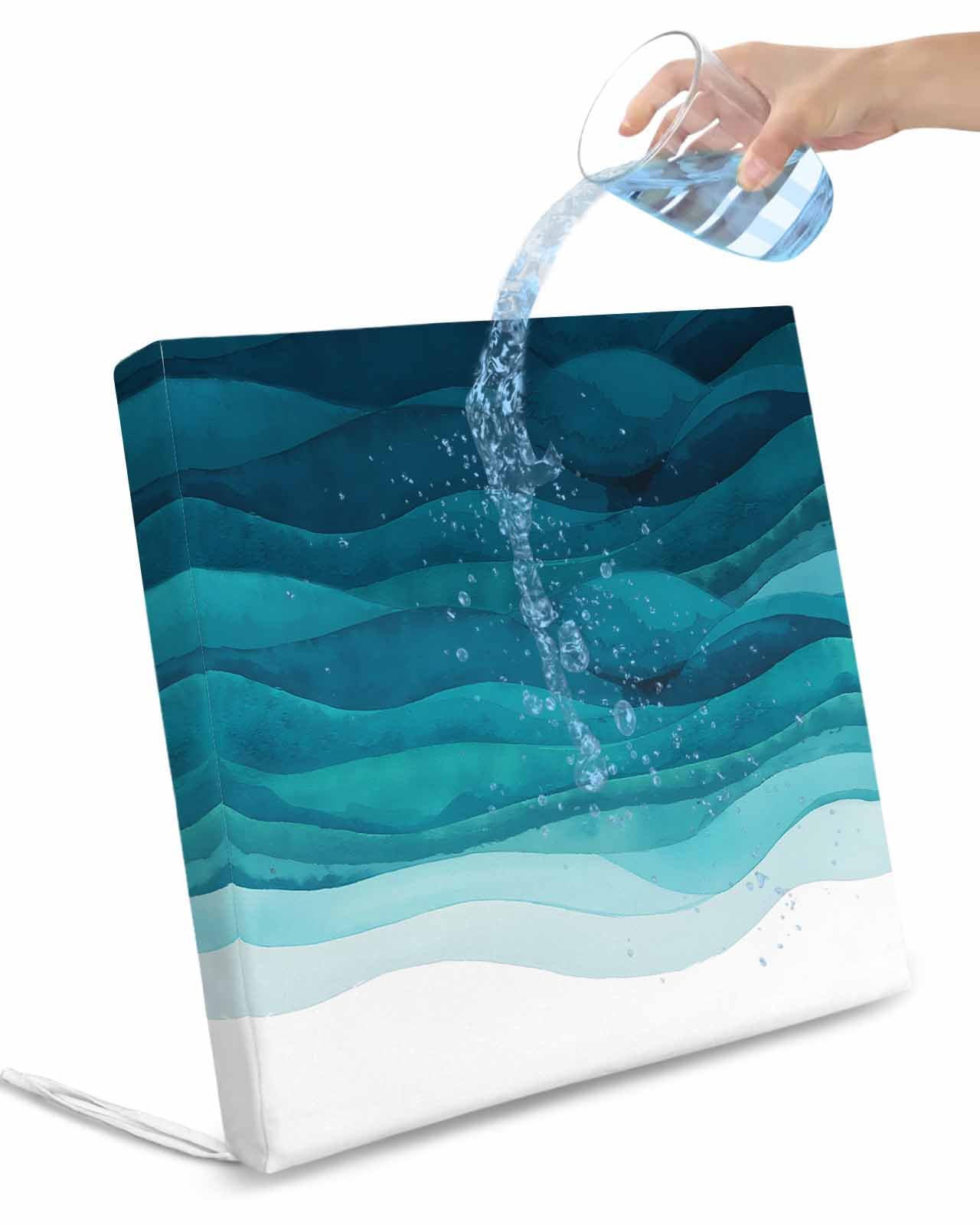 2 Pack Teal Turquoise Waves Waterproof Cushion Covers with Ties, Outdoor Patio Chaise Lounge Chair Seat Cushion Slip Covers Replacement(Only Cover) Ombre Coastal Ocean Water Abstract 20