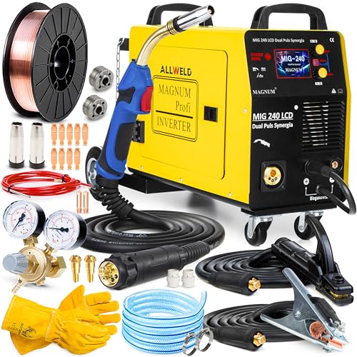 Magnum MIG 240 Dual Puls - Soldador Inverter con Gas 240 A - Sinergia, 4 Rodillos, Memoria de Ajuste - Soldadura: MMA, TIG y por Puntos - Panel de Control LCD - Set Basic