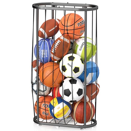 41-Inch Large Ball Storage, Freestanding & Wall Mount Basketball Holder Rack, Gym Garage Outdoor Ball Rack with Elastic Rope, Sports Equipment Organizer
