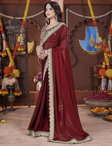 Image of DHARMEE Women's Elegant Designer Sarees Premium Rangoli Fabric with Embellished Border, Lightweight and Stylish Ethnic Wear - Perfect for Parties, Weddings, and Festive Occasions..