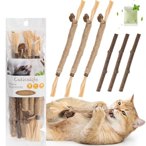 Caticalife 6Pcs Silvervine Sticks for Cats with Catnip Bag Cat Chew Toys for Teeth Cleaning and Anxiety Relief Natural Dental Care Kit for Indoor Cats & Kittens