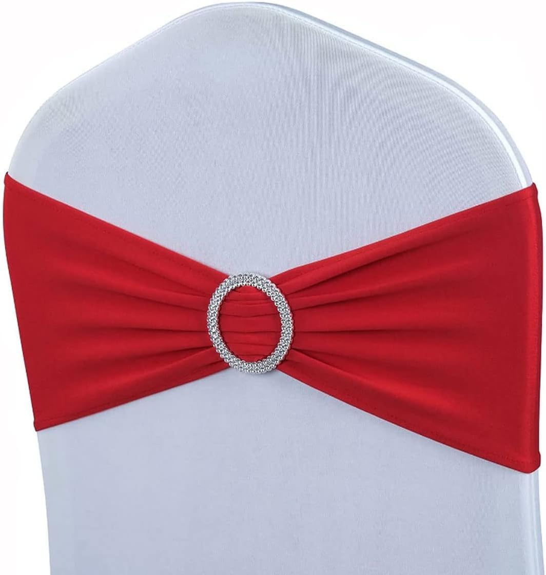 Cosmo Celebrations® Stretch Stuhlschärpen, 25 Stück mit Schnalle (Rot) | Spandex-Stretch, Vorgebundene Schleife, Wiederverwendbar, Hochzeit, Bankett & Party