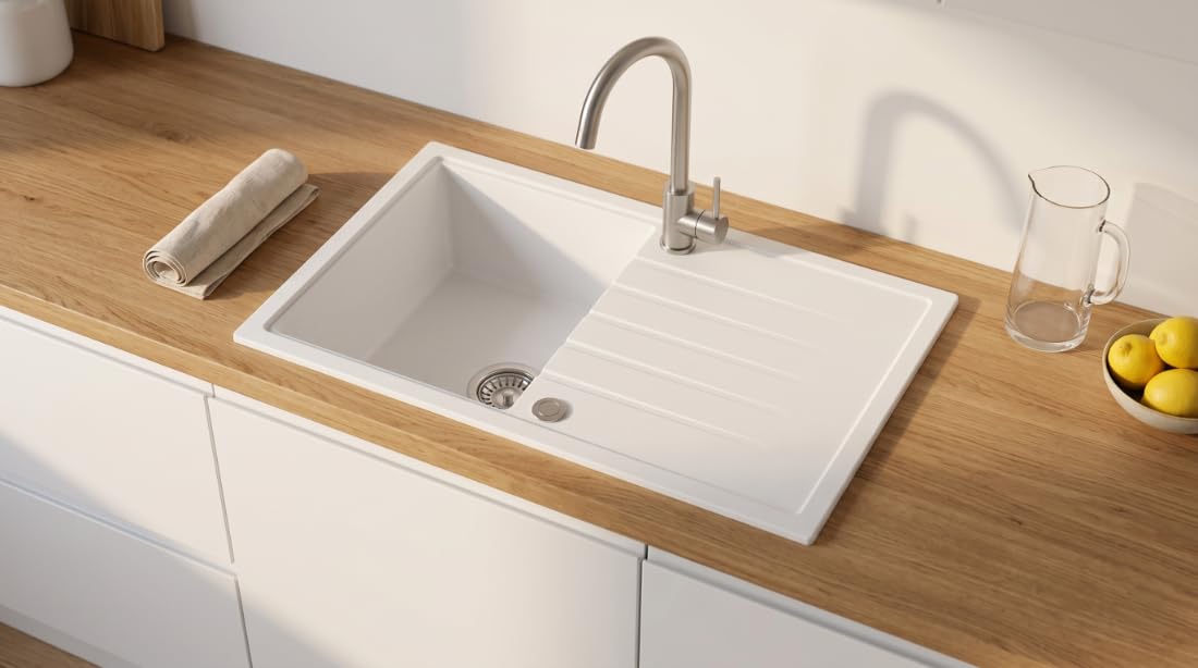 Fregadero AXION Una Cubeta Fregadero De Granito 79x50x20,5cm Blanco, Fregadero De Cocina De Diseño Elegante Con Sifón, Escurridor, Fácil De Limpiar, Resistente A Los Arañazos