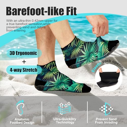 RANDY SUN Low Cut Quick-Dry Barefoot Beach Socks with Anti-Slip TPE Sole, Breathable Lightweight Shoes for Sand, Seamless Aqua Socks, Green Foliage Size 27