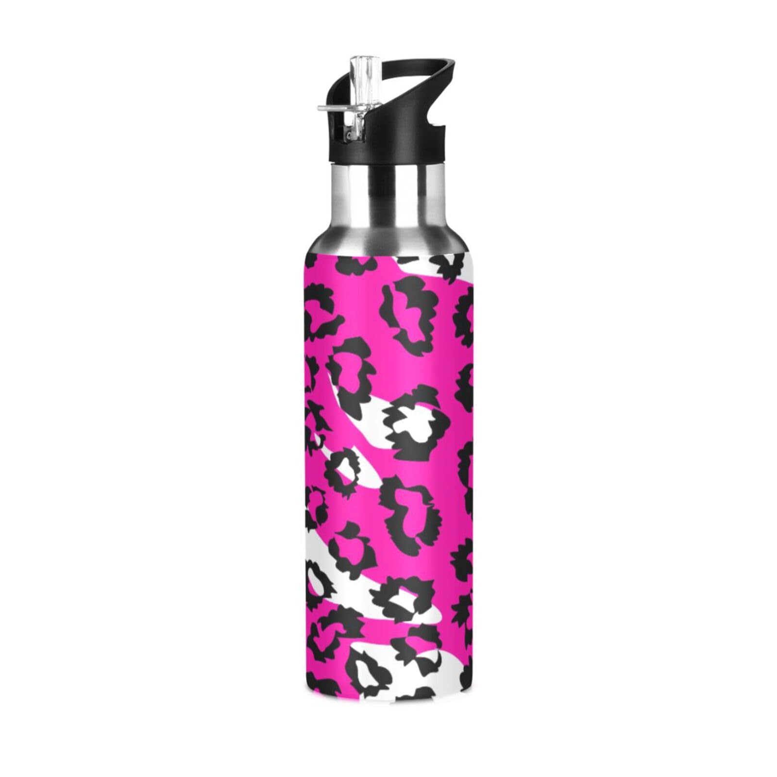 JUMBEAR Isolierte Edelstahl-Wasserflasche 600 Ml – Mit Leoparden-Muster, Auslaufsicherem Strohhalm-Deckel & Langer Temperaturhaltung