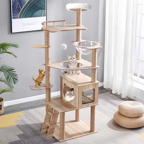 67インチの室内猫用キャットツリー、コンドミニアム付きキャットツリータワー、キャット階段、ボウル2個、サイザル麻の爪とぎポスト14個、パッド付きプラットフォームベッド付きトップパーチ、おもちゃボール、大型キャットツリー