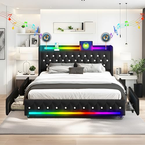 XMETPR 5-en-1 Cadre de Lit Capitonné Noir 140x200cm avec Haut-parleurs Bluetooth & Éclairage LED, 1 USB & 1 Charge Type-C, 4 Tiroirs de Rangement, Lattes en...
