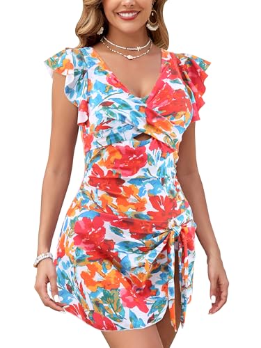 Women's One Piece Swimdress Swimsuit Tummy Control Ruffle Swim Dress Skirt Criss Cross Tie Back Bathing Suit