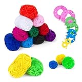 Herramientas para hacer pompones: incluye 8 tamaños diferentes de herramientas para hacer pompones, 12 piezas de hilos de lana brillantes de diferentes colores, que pueden satisfacer sus necesidades para tejer pompones de diferentes colores.