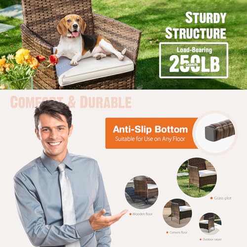 Sweetcrispy Patio Furniture Set 3 Pieces, Outdoor Furniture with Soft Cushion and Glass Table, All Weather Manual Weaving Wicker Rattan Patio Chairs for Garden, Terrace, Porch, Lawns, Brown - Image 4
